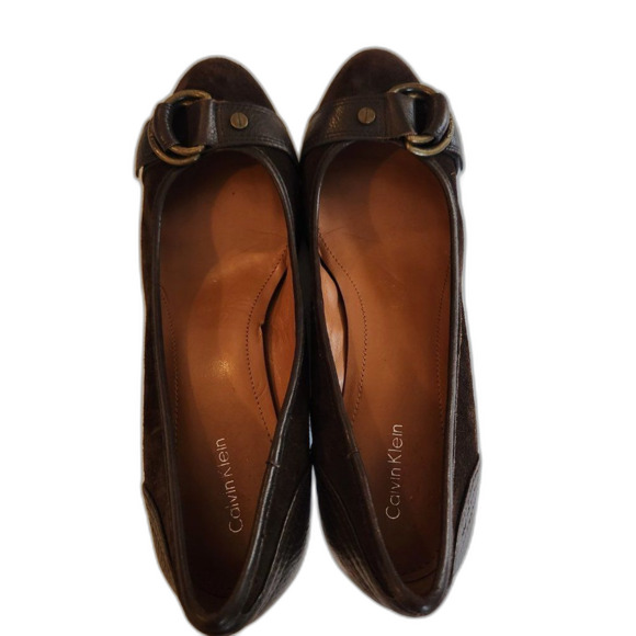 Calvin Klein brown suede wedge mule heels, size 9 - Picture 4 of 8